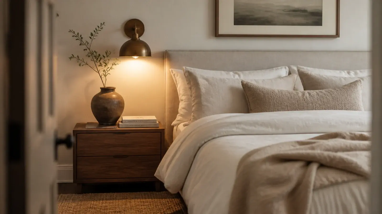 styled headboard wall with layered pillows art and a warm sconce