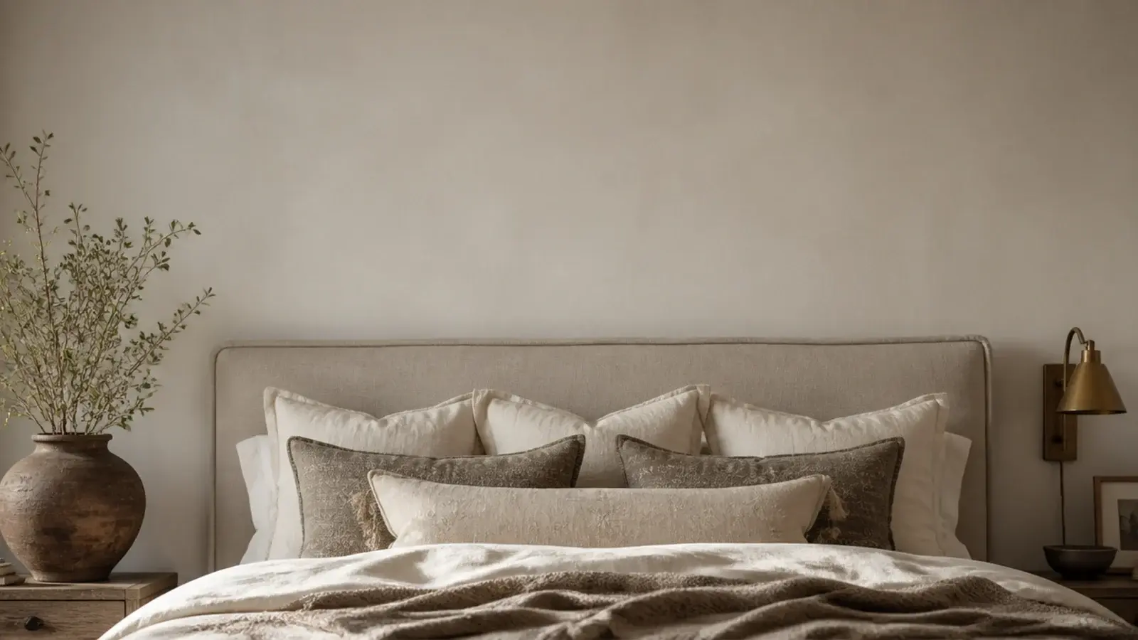 vertical styled headboard wall with pillows sconce and layered texture