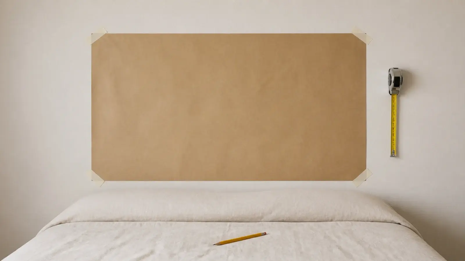 tape measure and paper template testing headboard height in a tiny bedroom