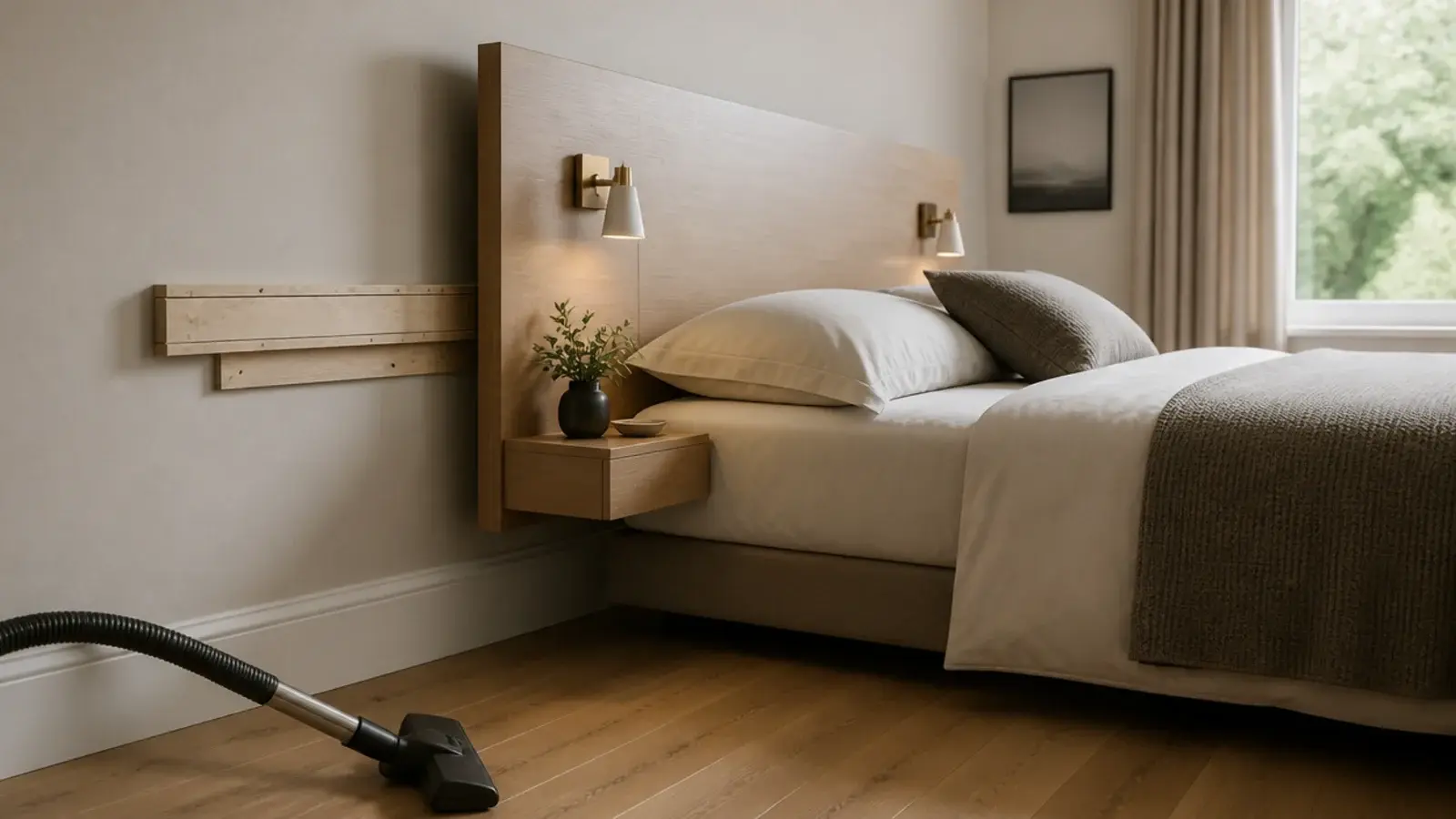 wall mounted headboard on a cleat with the bed pulled clear for cleaning