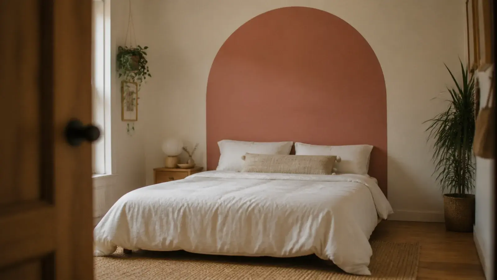 soft clay arch painted directly on the wall behind a small bed