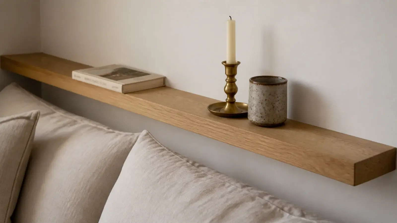 narrow oak picture ledge mounted at pillow height as a minimal headboard