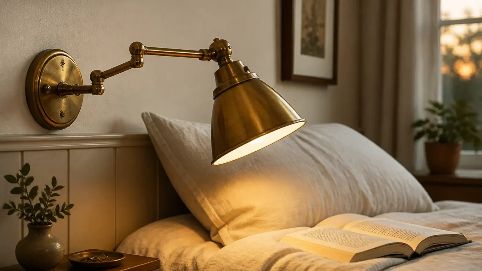 brass swing arm sconces mounted either side of a small bedroom headboard