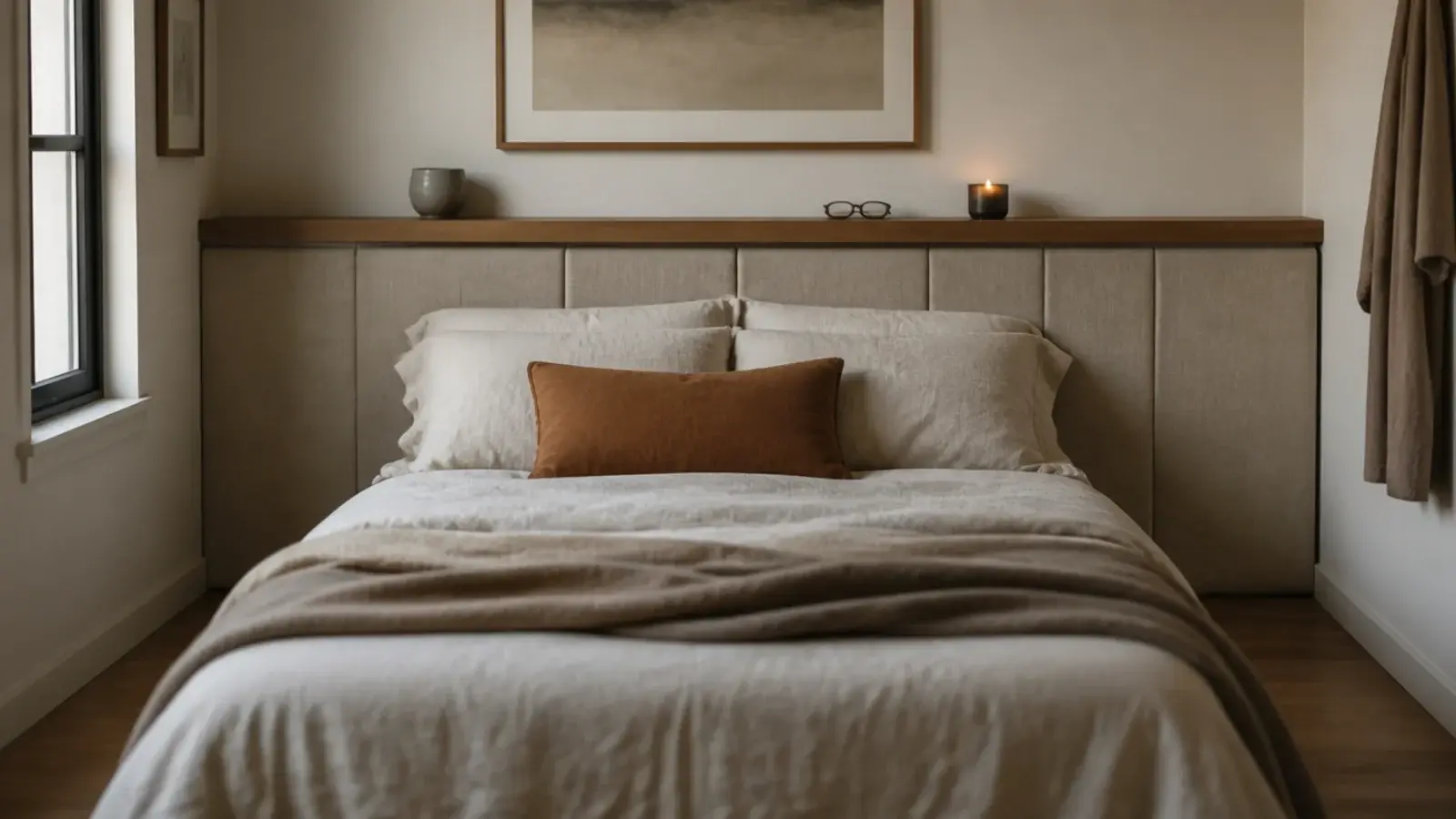 small headboard panel topped by a slim ledge holding a cup and a book