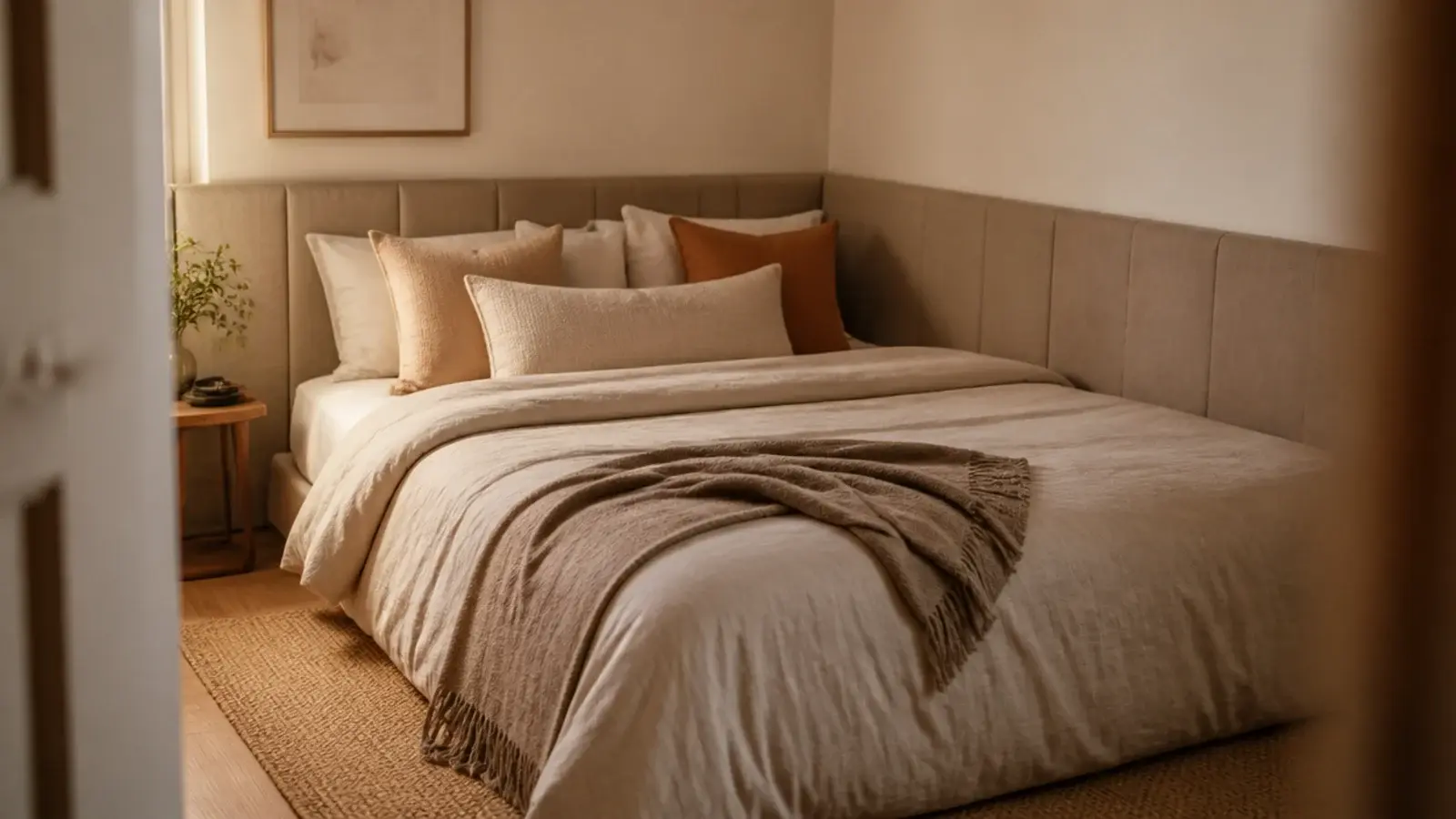 headboard panel wrapping two walls around a bed pushed into a corner