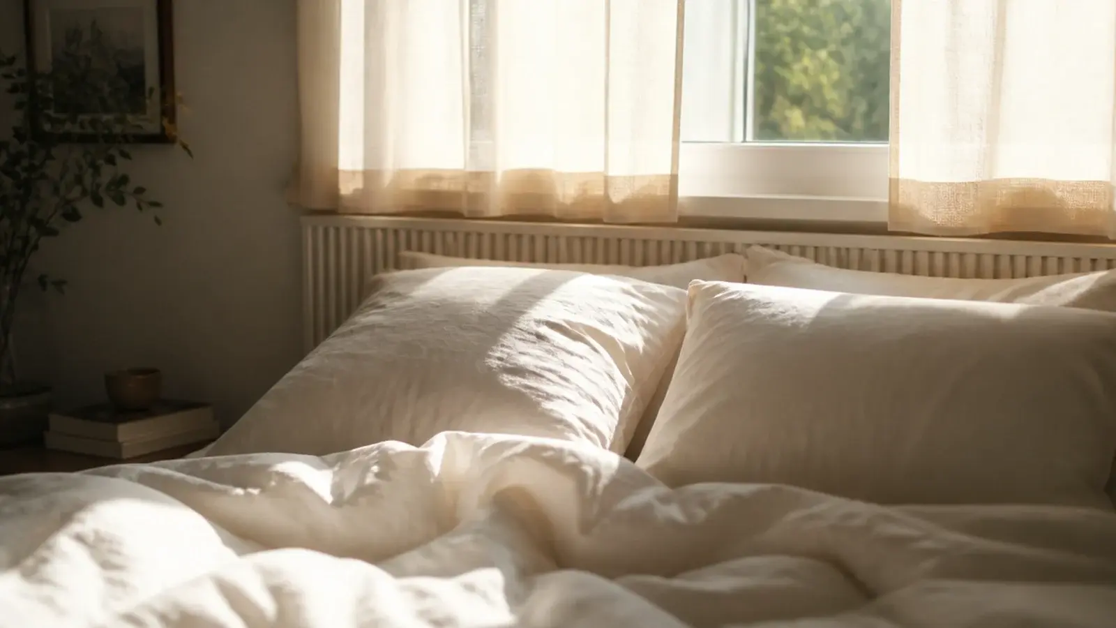 low headboard panel finishing just below a window sill behind a bed