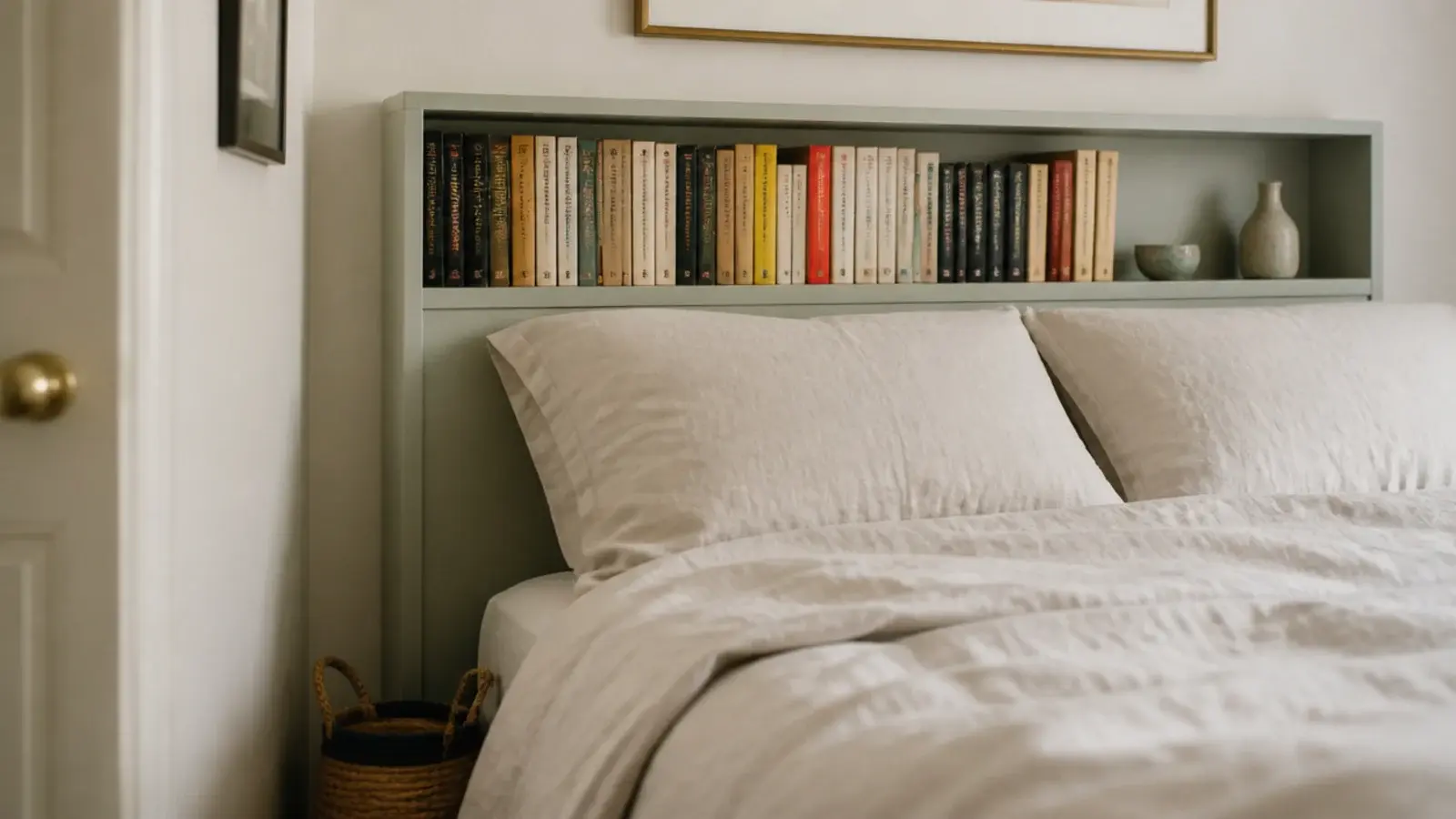 six inch deep bookcase headboard holding paperbacks behind a small bed