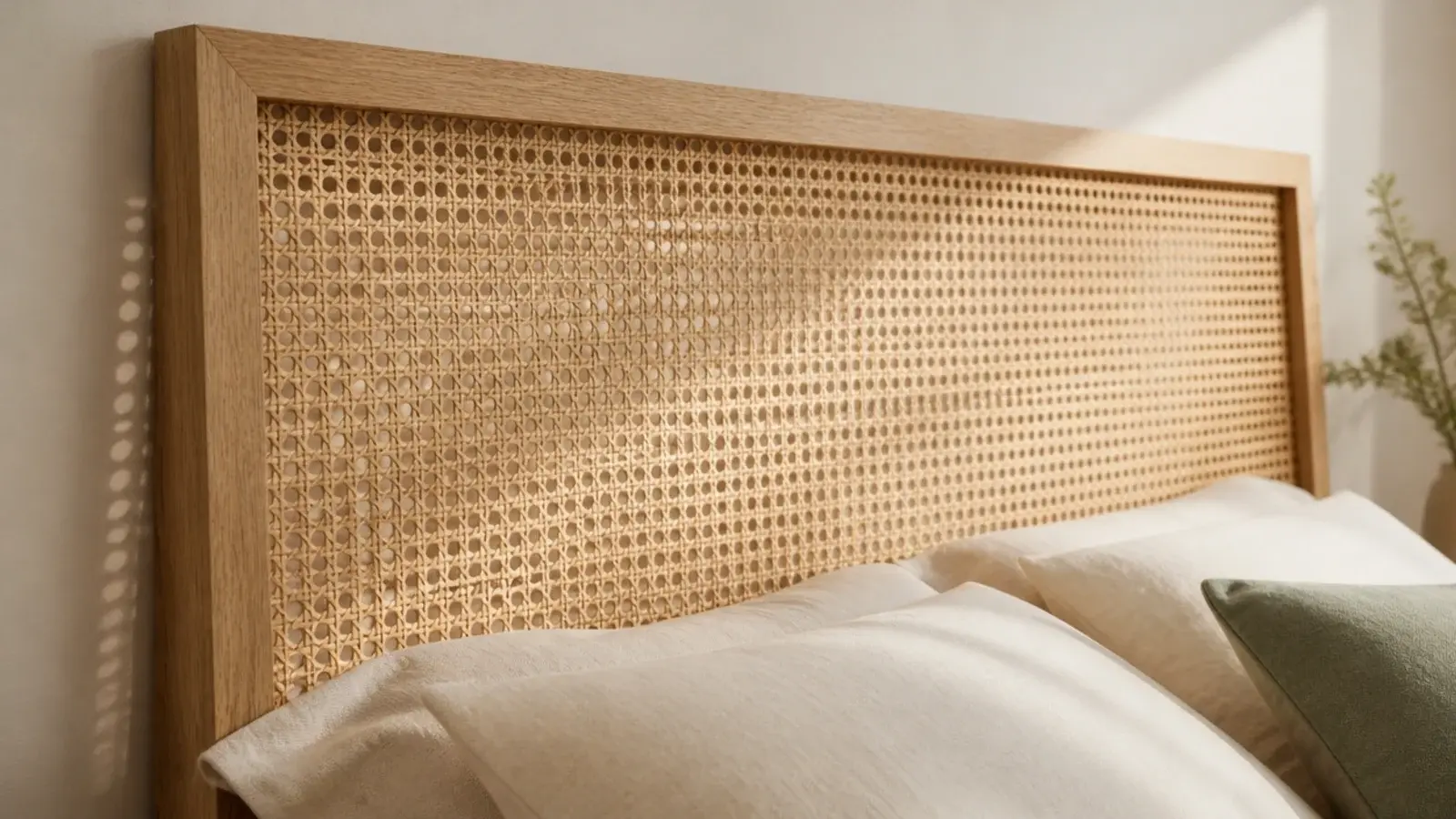 cane webbing headboard in a slim oak frame keeping a small bedroom airy