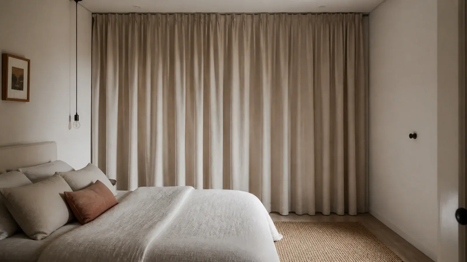 full width linen curtain hung behind a bed as a soft textile headboard