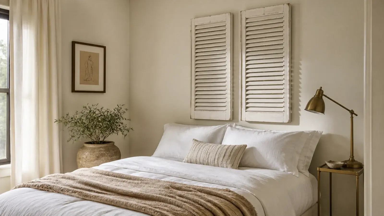 pair of narrow louvered shutters mounted as a compact bedroom headboard