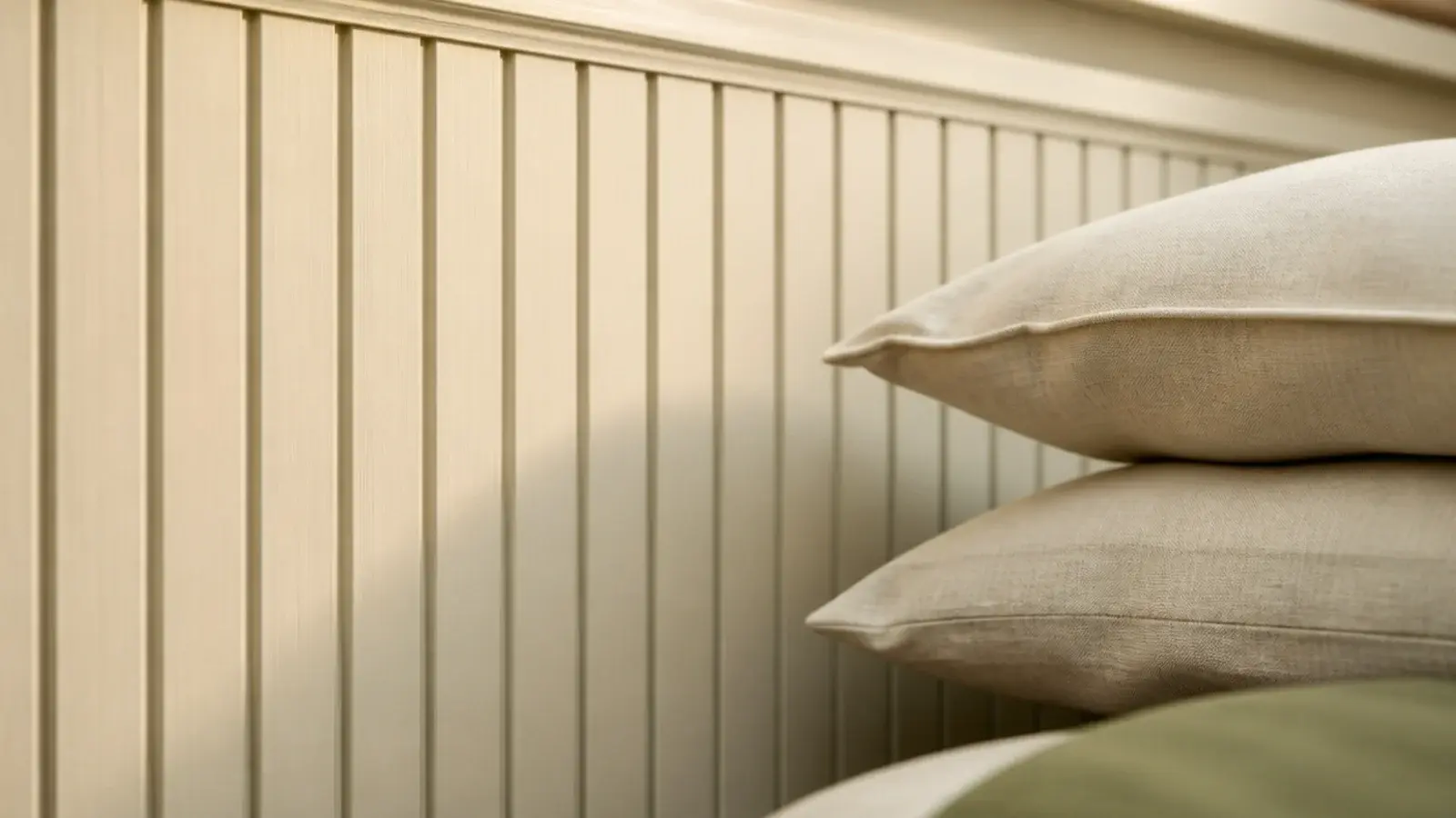 fluted half height headboard panel with vertical grooves in a small bedroom