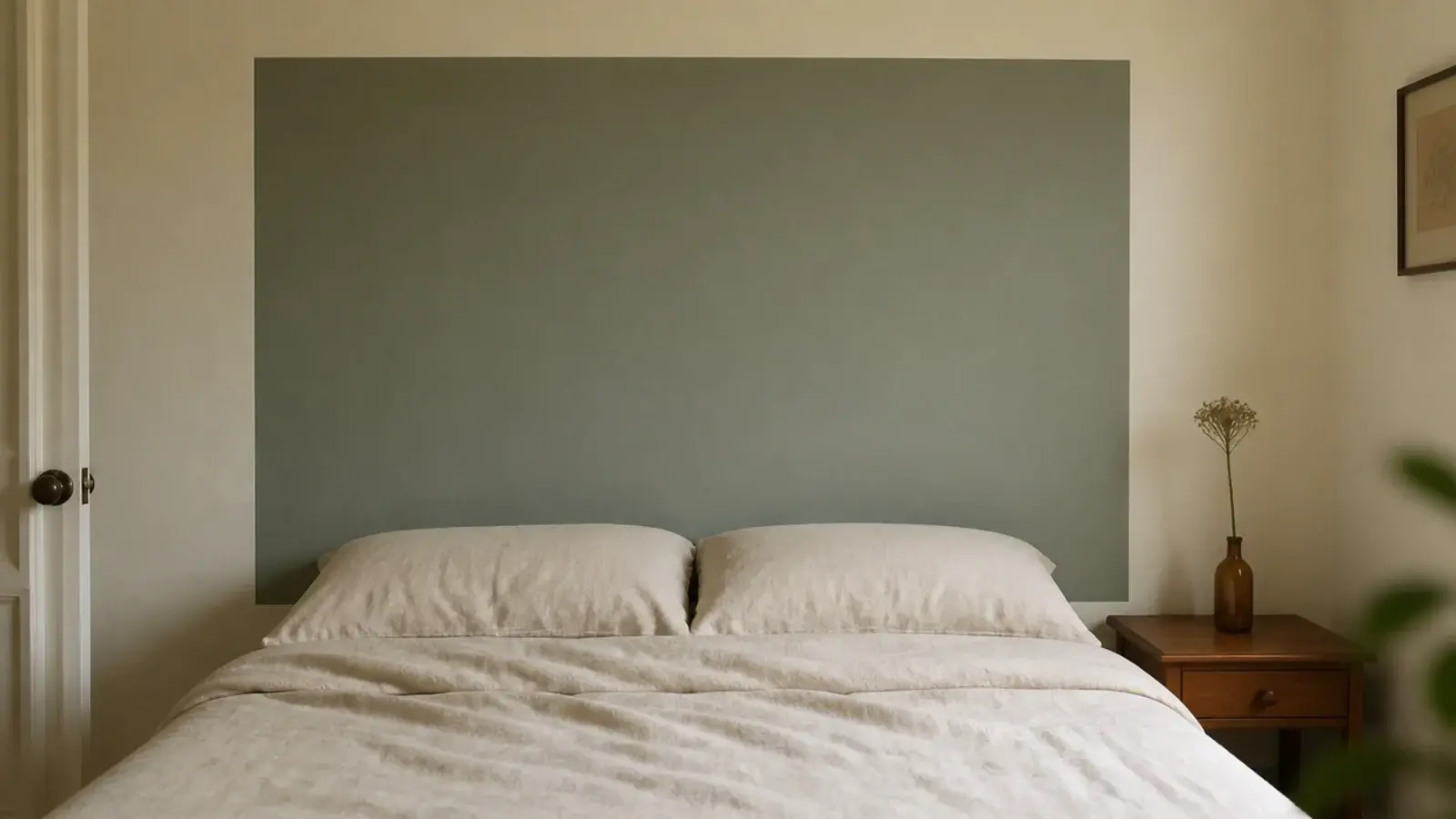 deep sage painted rectangle behind a bed forming a flat graphic headboard