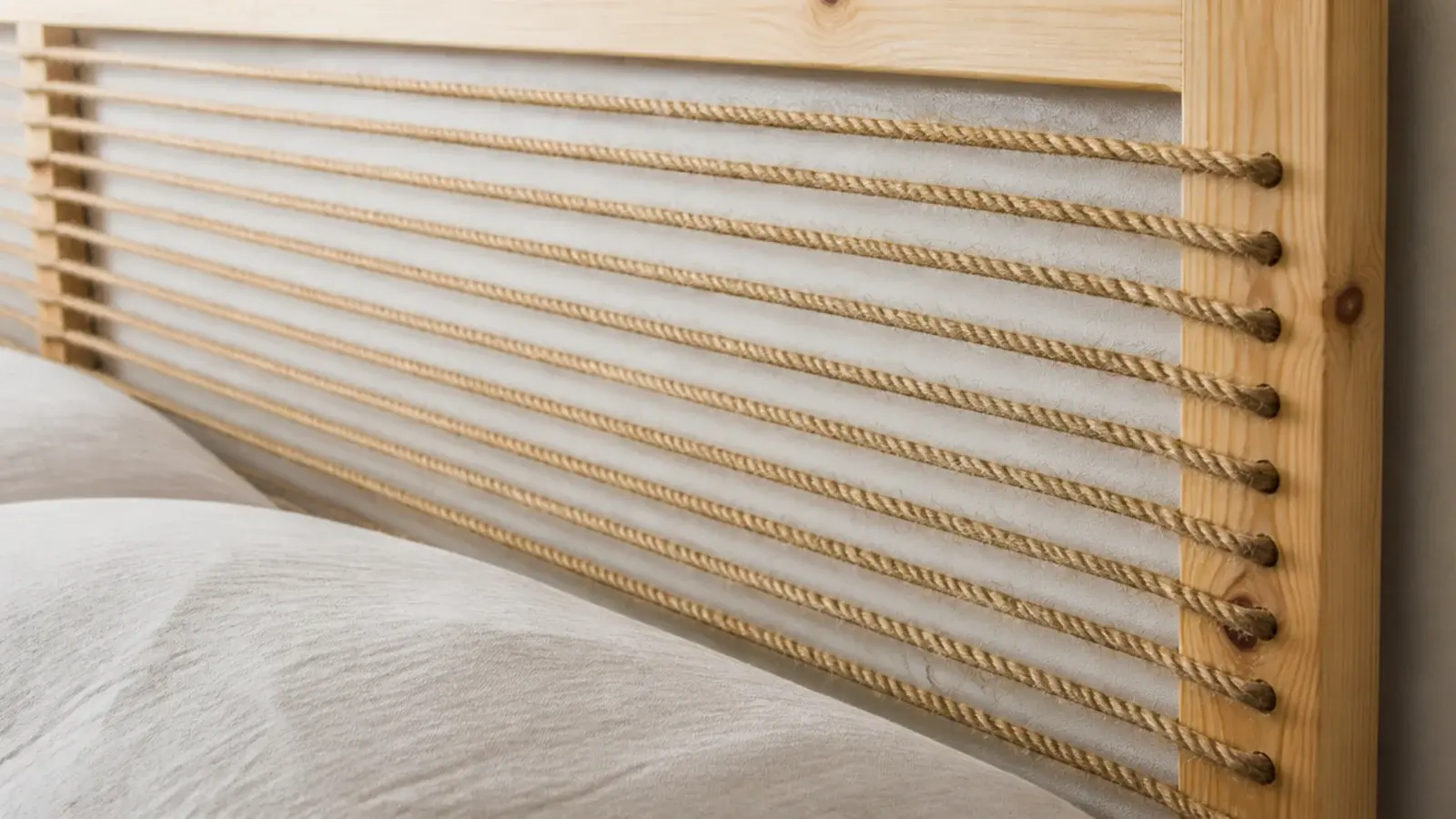 jute rope laced across a slim timber frame as an open bedroom headboard