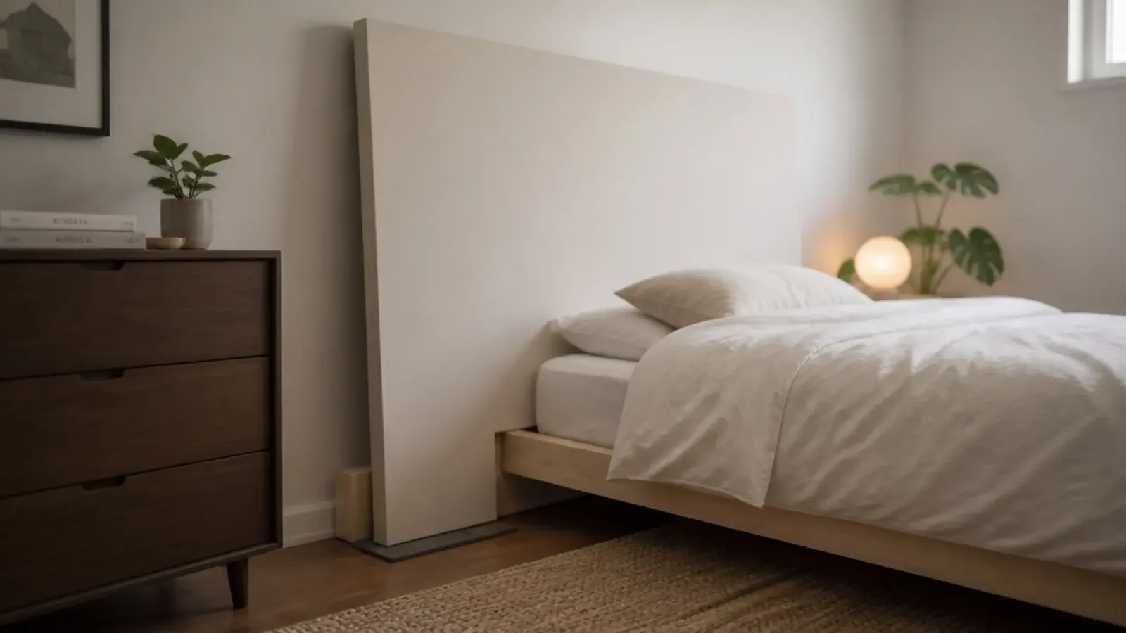 plain leaning headboard panel held upright by a bed in a rental bedroom