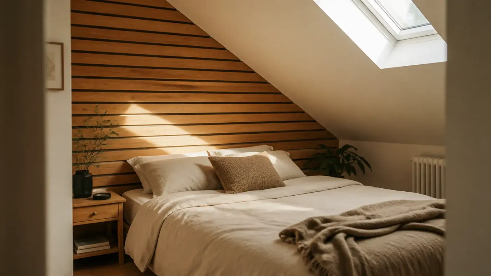horizontal slat headboard fitted under a sloping attic ceiling above a bed