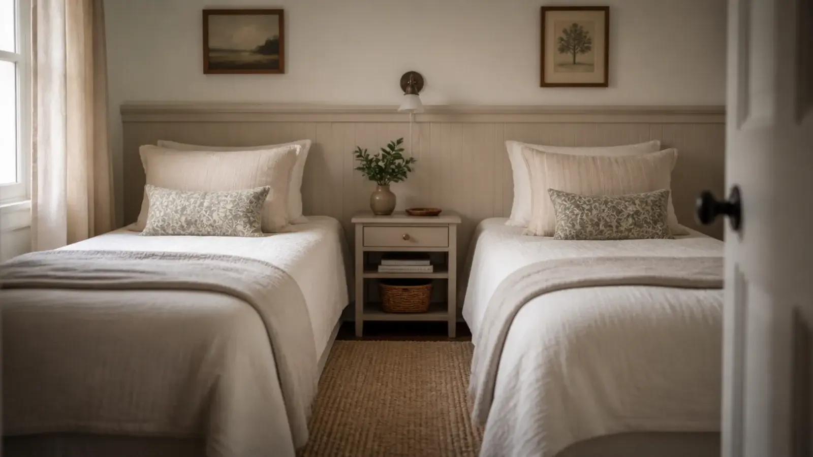 two twin beds sharing a single long low headboard panel in a shared room