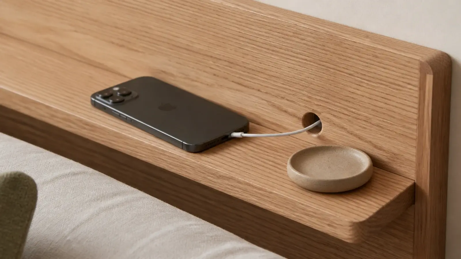 headboard ledge with a discreet charging cable routed behind the panel