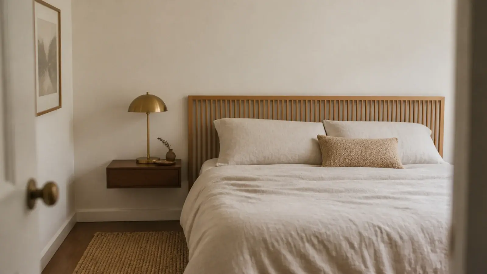 slim low headboard in a small bedroom with pale walls and linen bedding