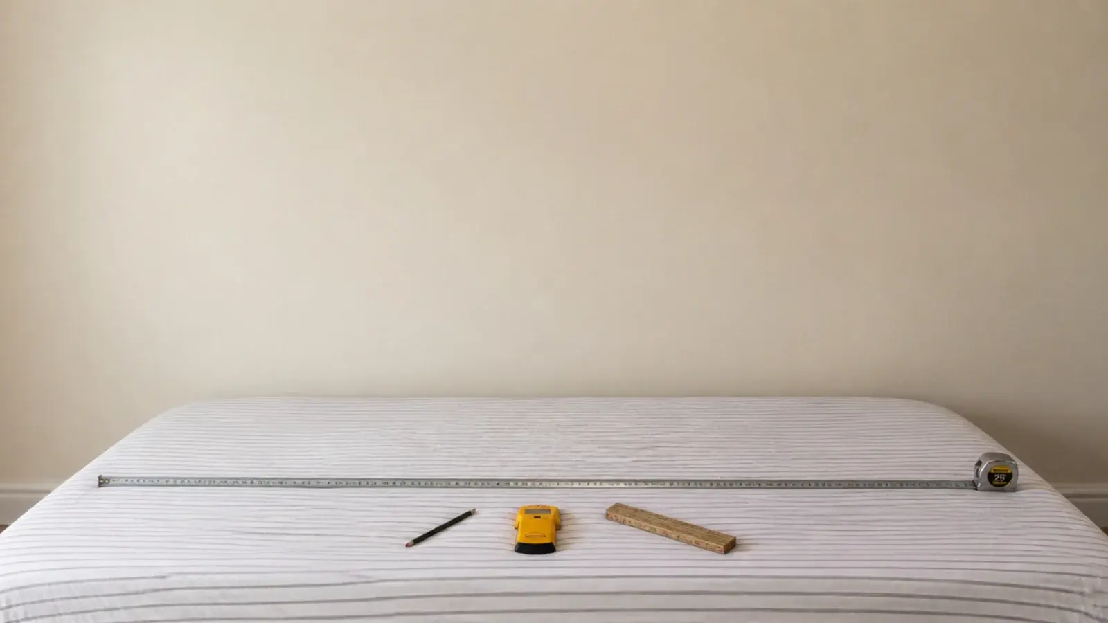 measuring tape marking headboard width against a king mattress and wall