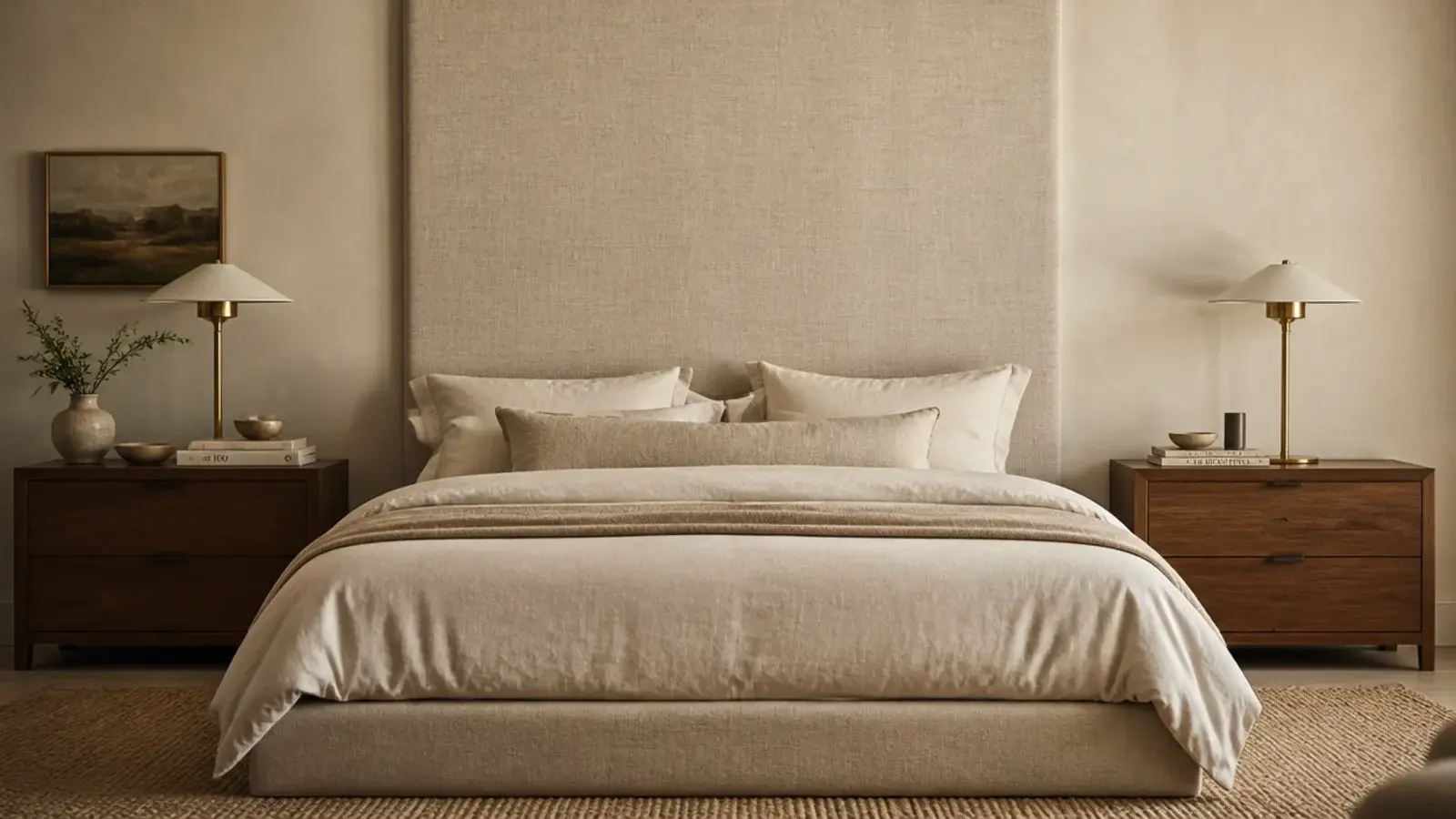 tall upholstered linen headboard rising fifty inches above a king mattress