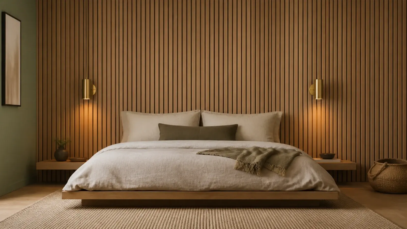 slatted oak feature wall running the full width behind a bed