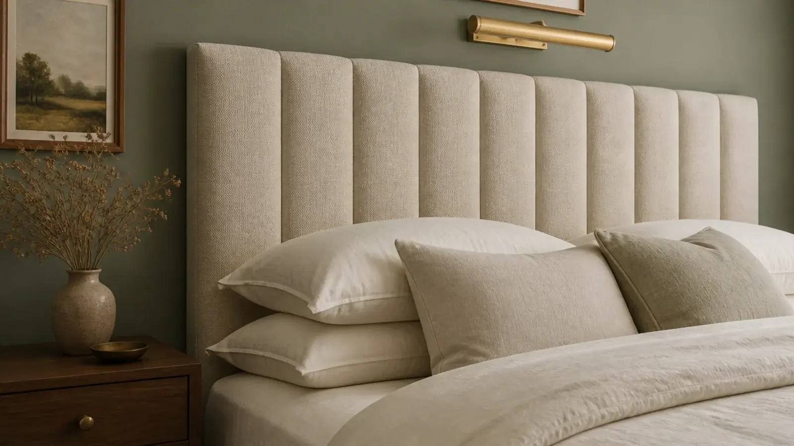 channel tufted linen headboard with vertical padded columns above pillows