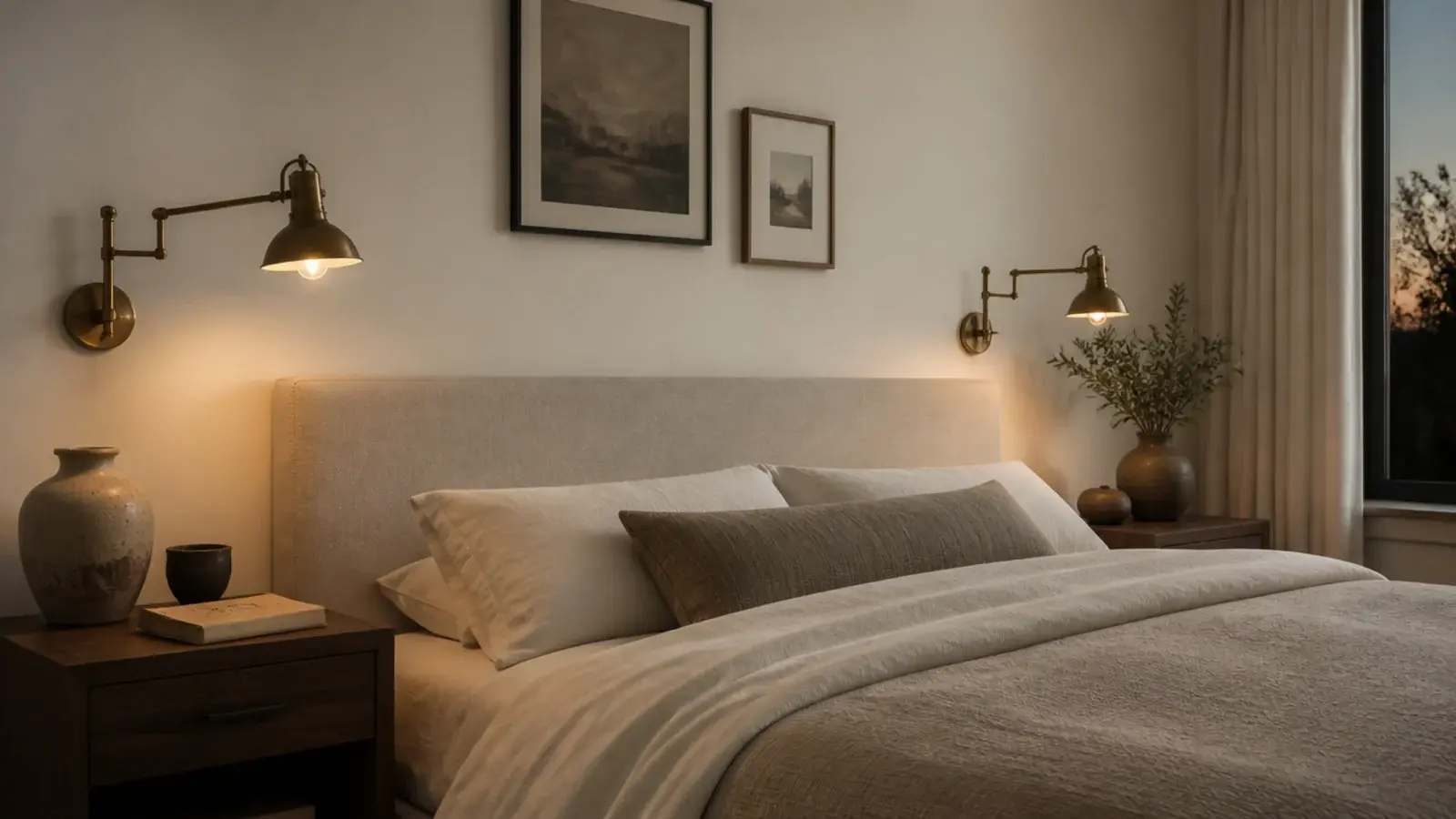 brass sconces flanking a low upholstered headboard in a master bedroom