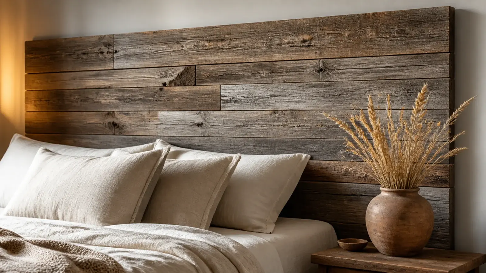 reclaimed barnwood plank headboard mounted horizontally above a wide bed