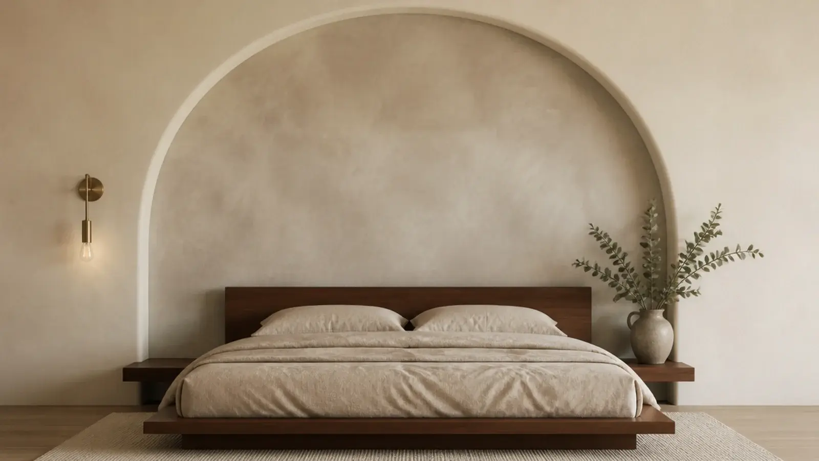 limewashed plaster arch painted behind a low bed in a bedroom