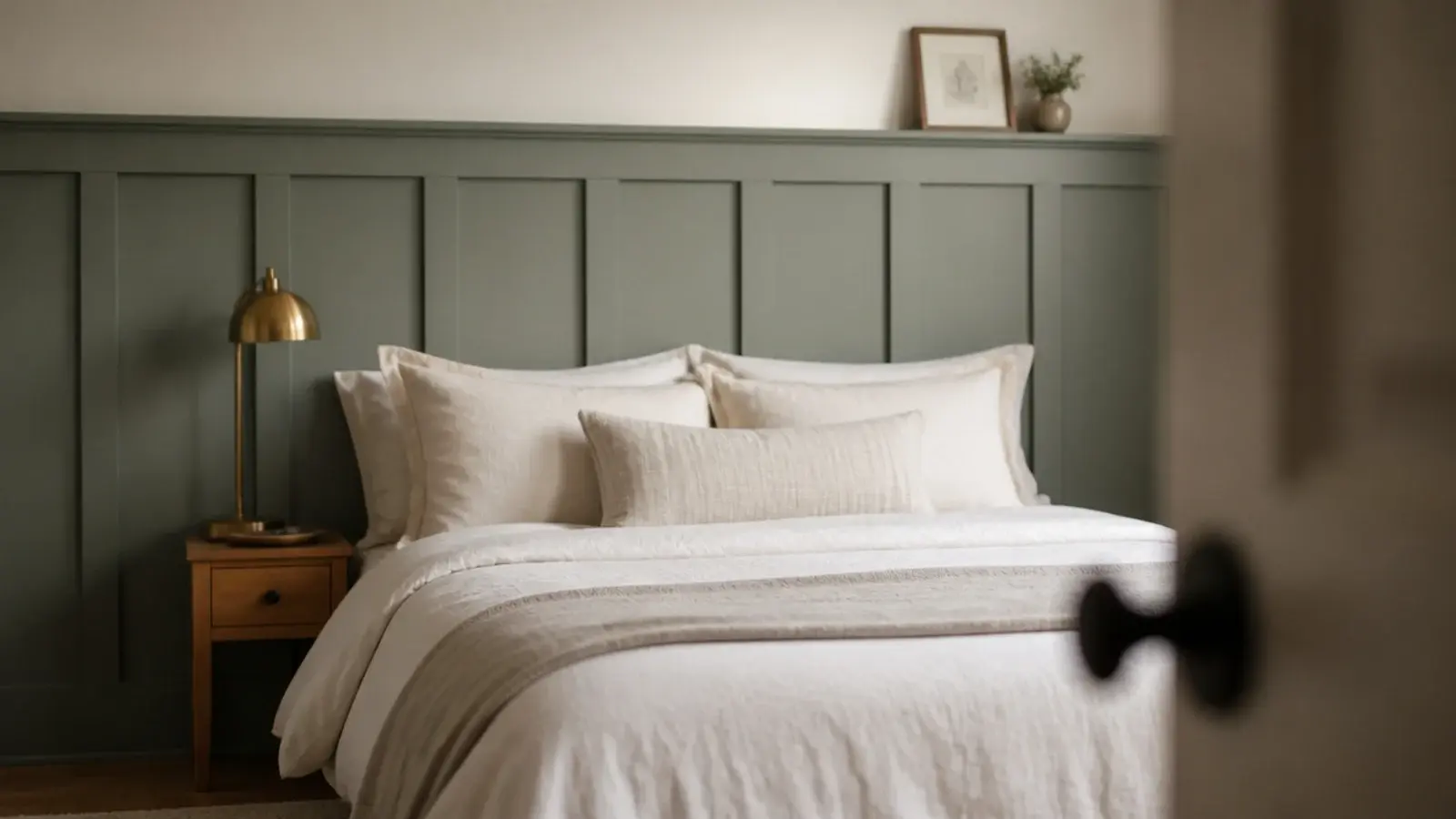 board and batten paneling behind a bed painted in muted sage