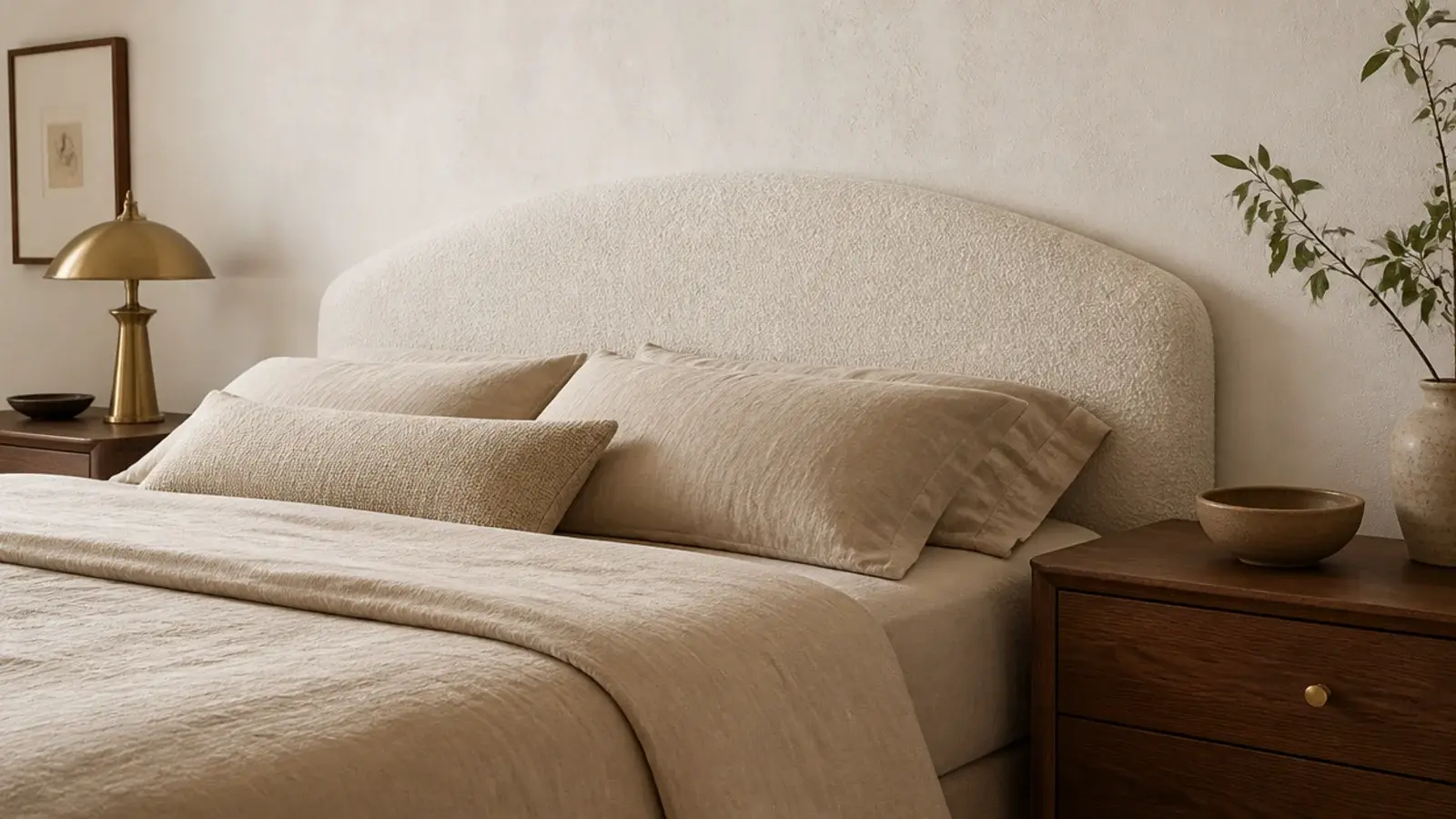 curved crescent upholstered headboard in cream boucle above a bed