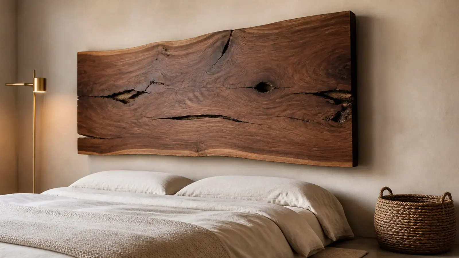 floating walnut slab headboard mounted on a french cleat above bed
