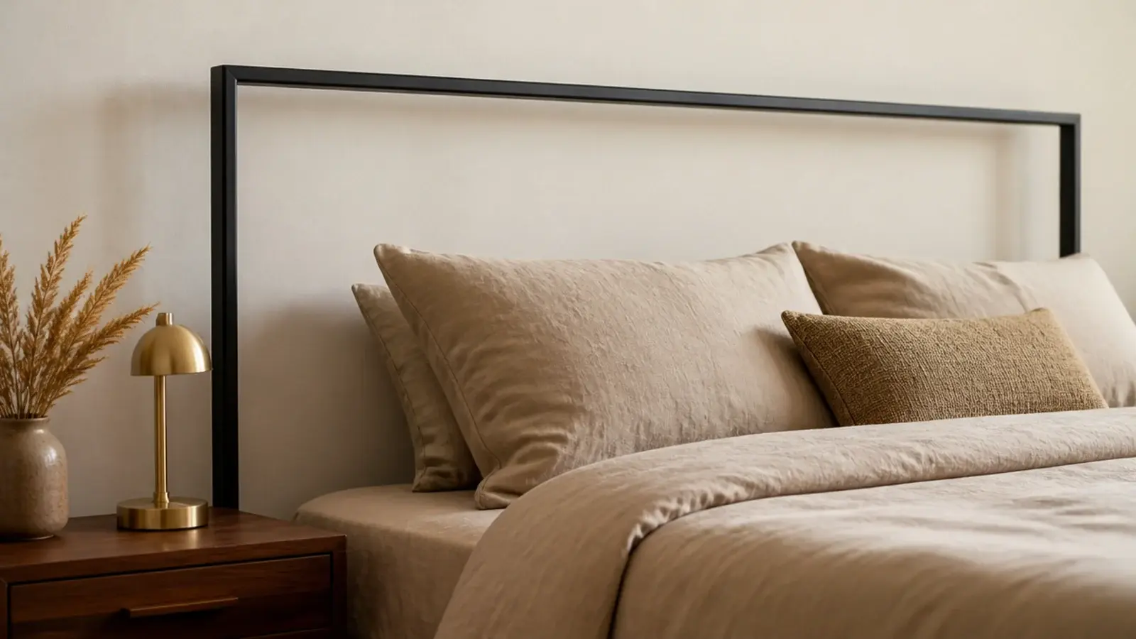 slim blackened metal frame headboard behind a linen dressed bed