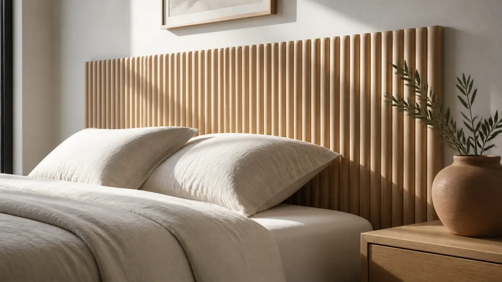 fluted oak headboard panel with rounded vertical dowels above a bed