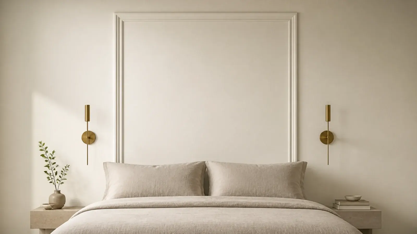 picture frame moulding rectangle painted behind a bed as a headboard