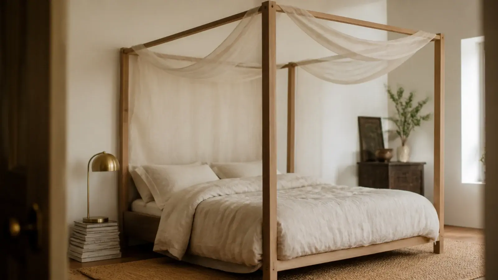 four poster canopy frame in oak standing in for a headboard