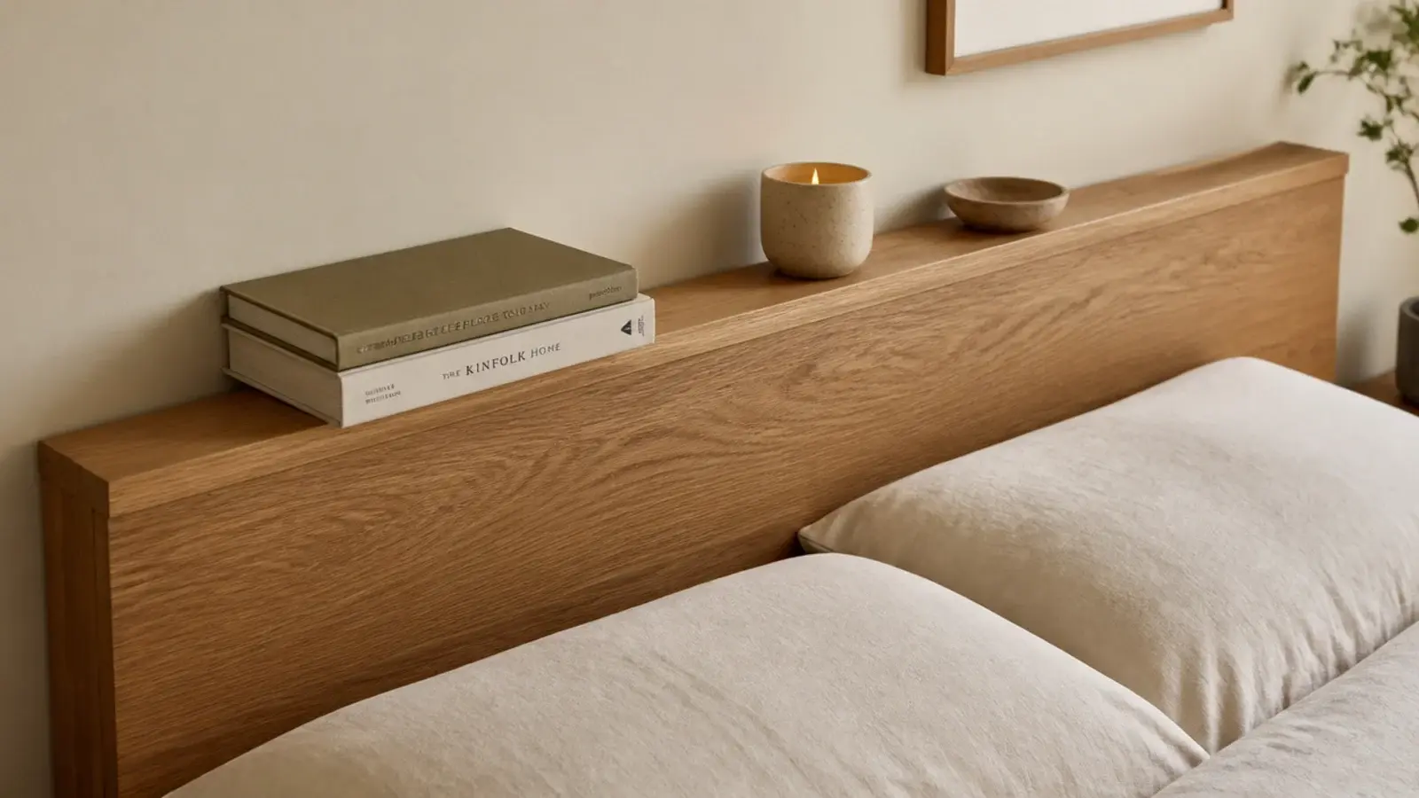 wood headboard with an integrated ledge holding books and a candle