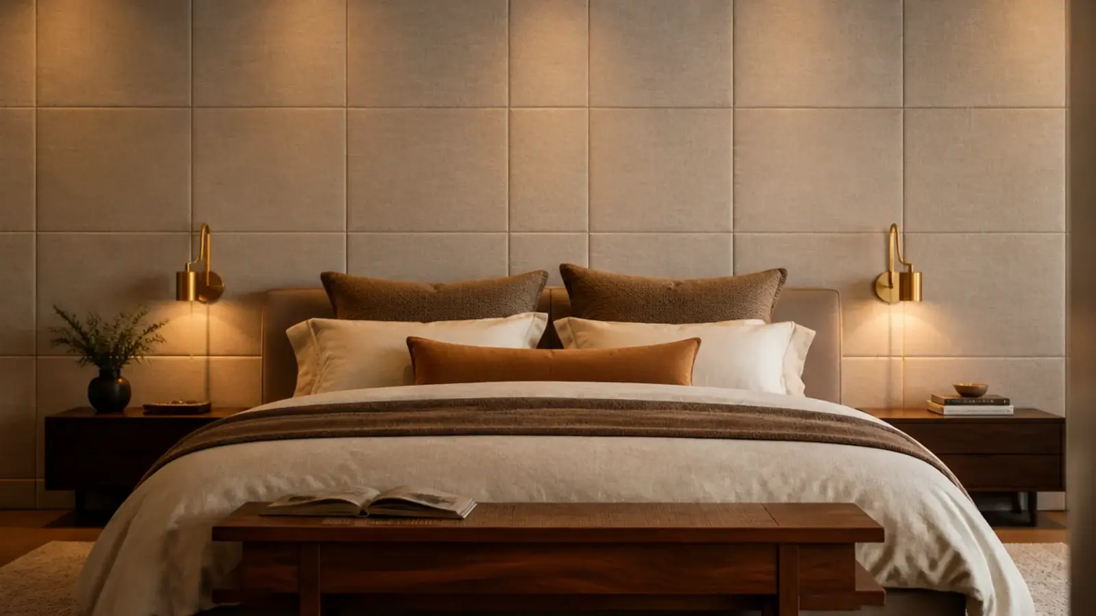 padded fabric wall panels covering the whole wall behind a bed