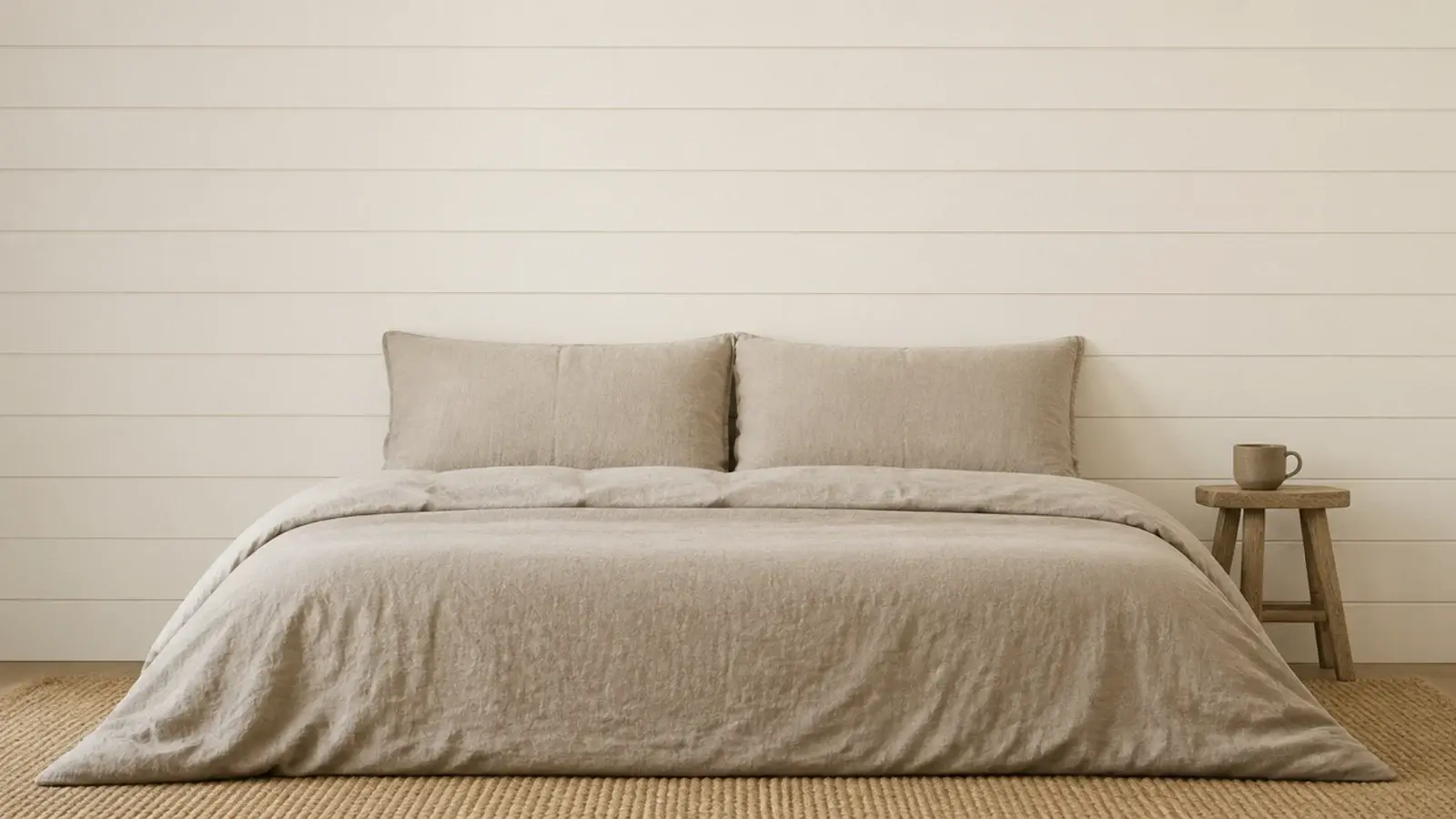 shiplap panel painted the wall color behind a low linen bed