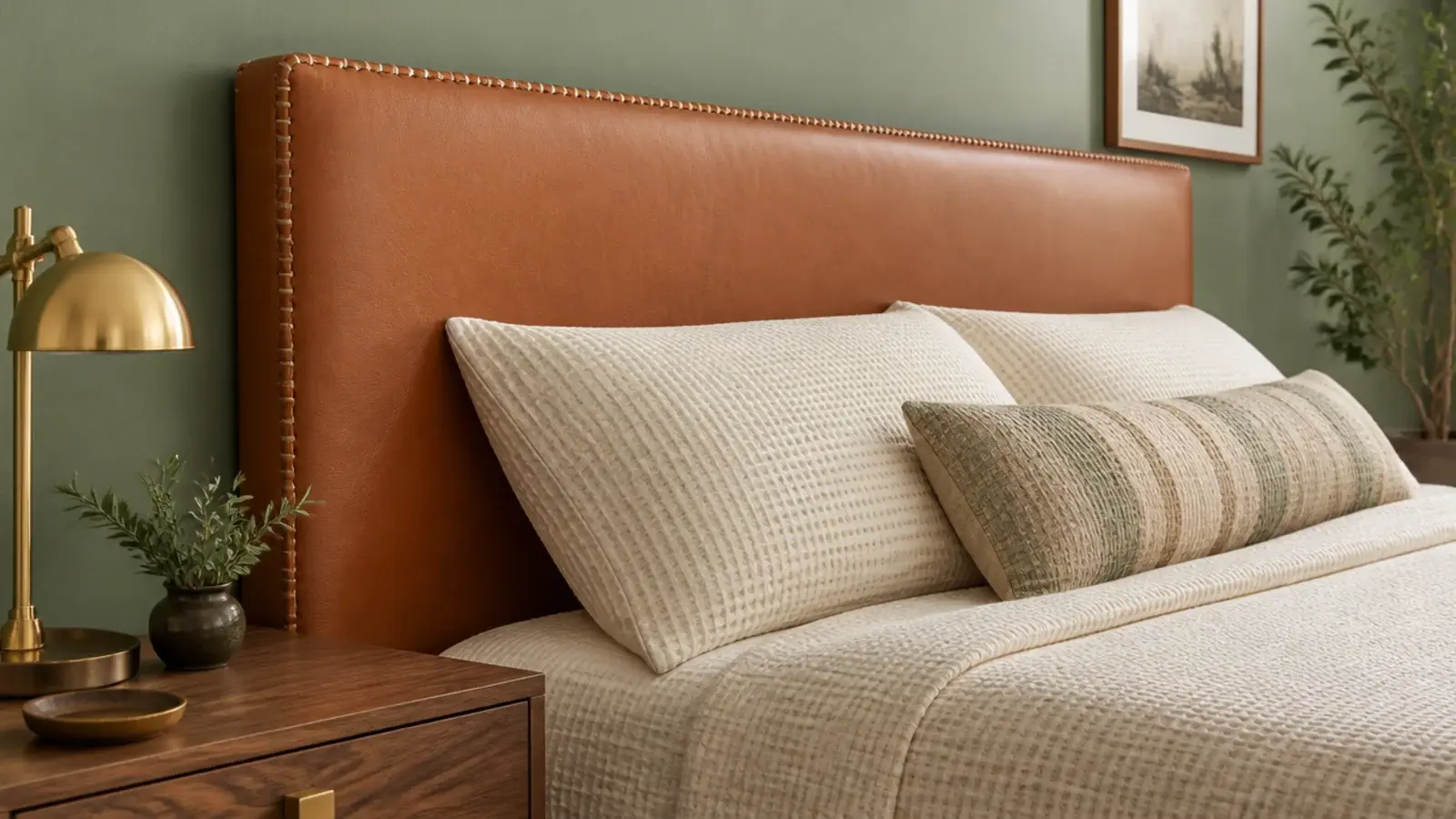 stitched leather look headboard panel in warm tan above a bed