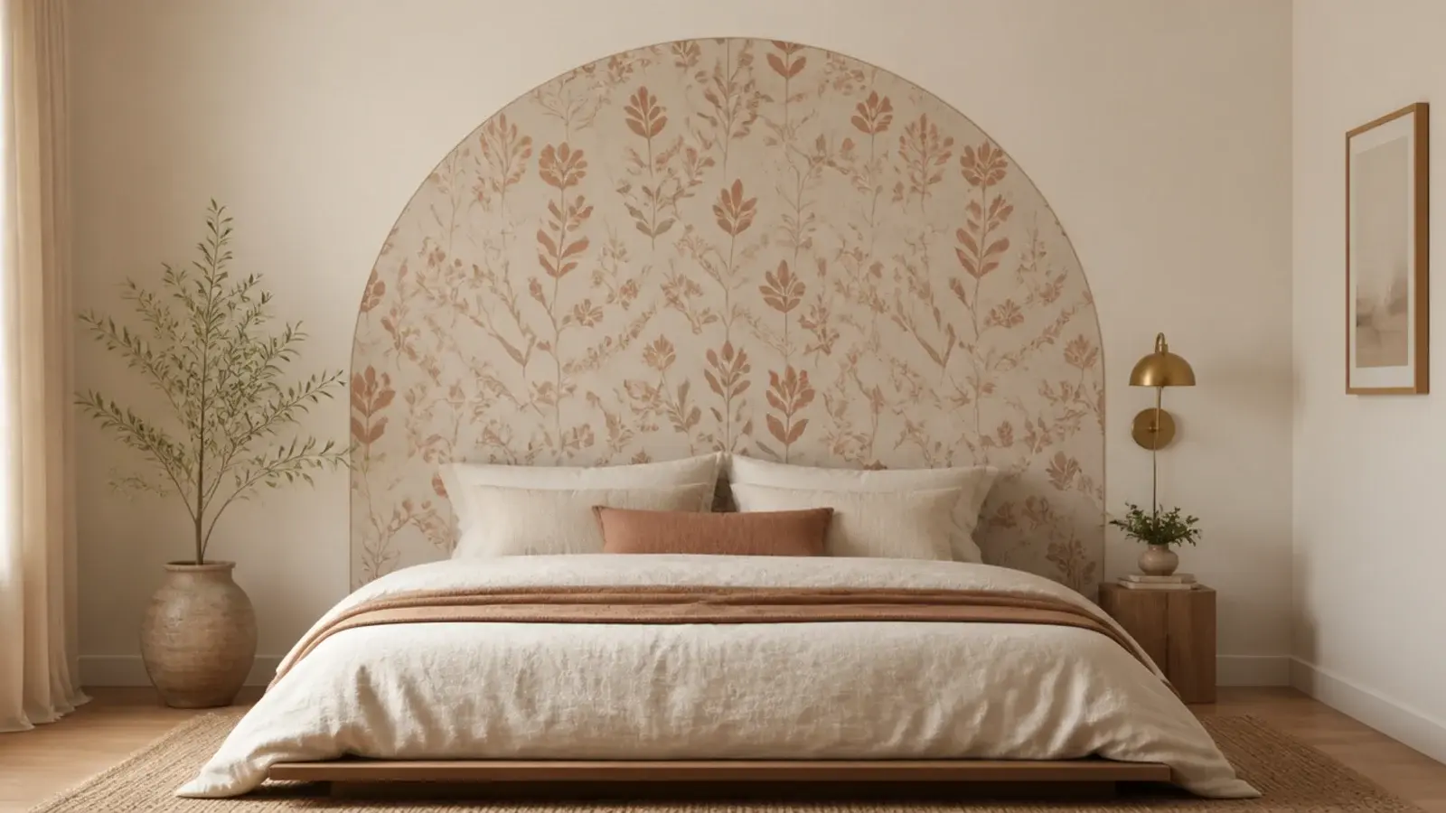 peel and stick wallpaper arch behind a bed in a rental bedroom