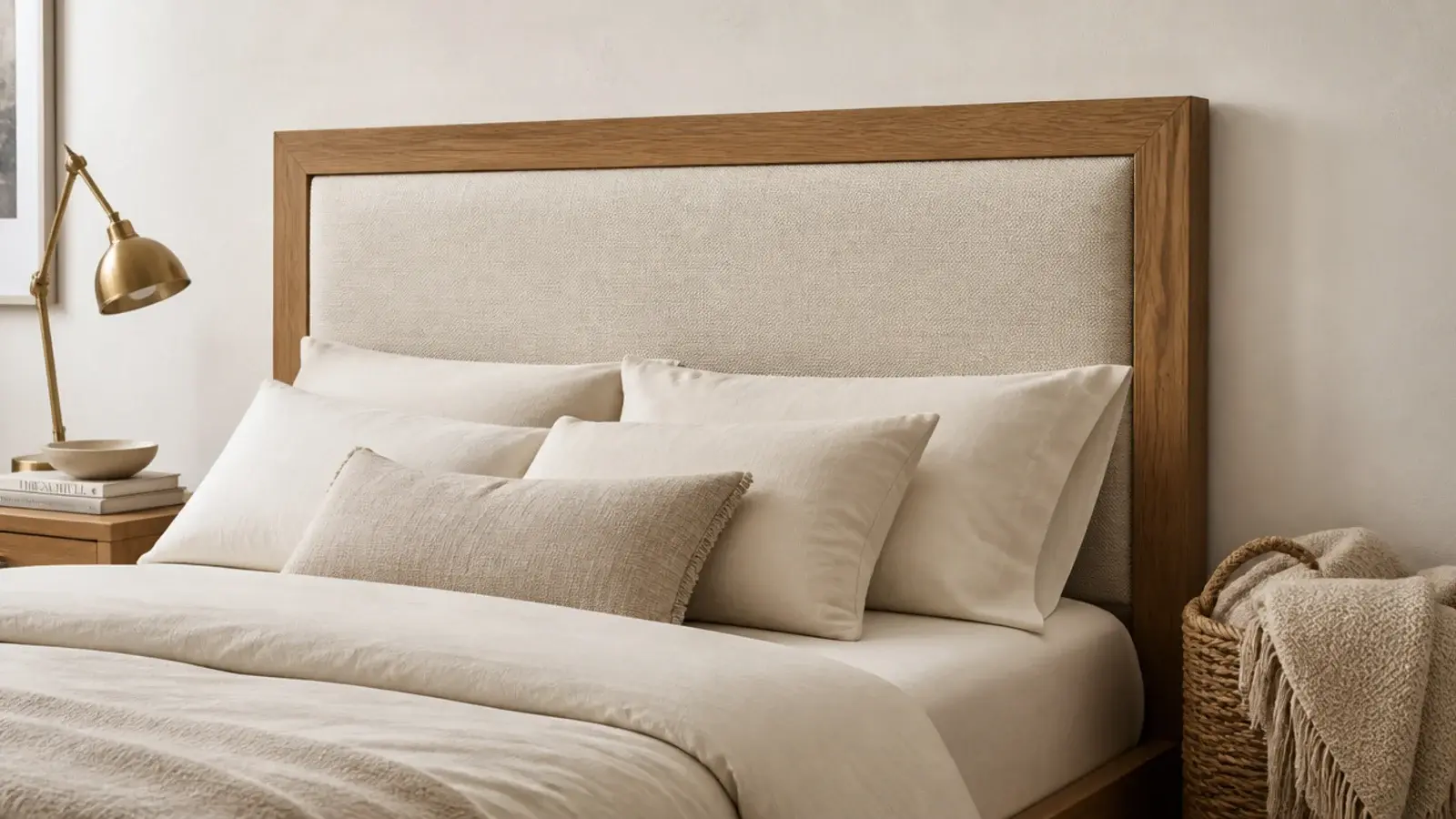 oak frame headboard with a padded linen insert set inside it
