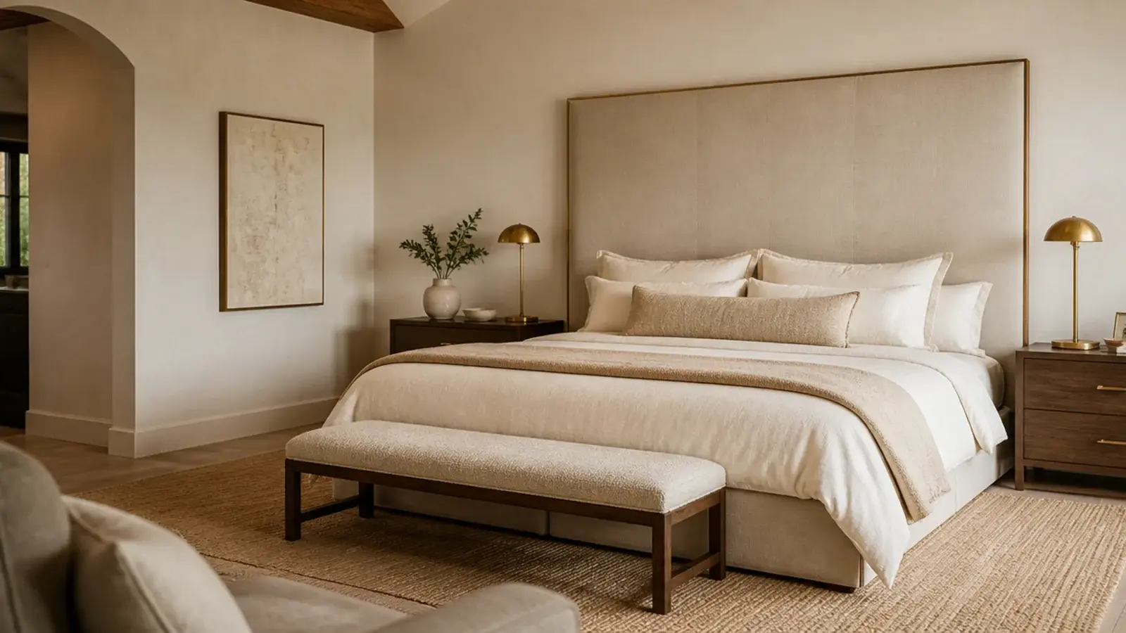 upholstered headboard filling a master bedroom wall above a wide linen bed