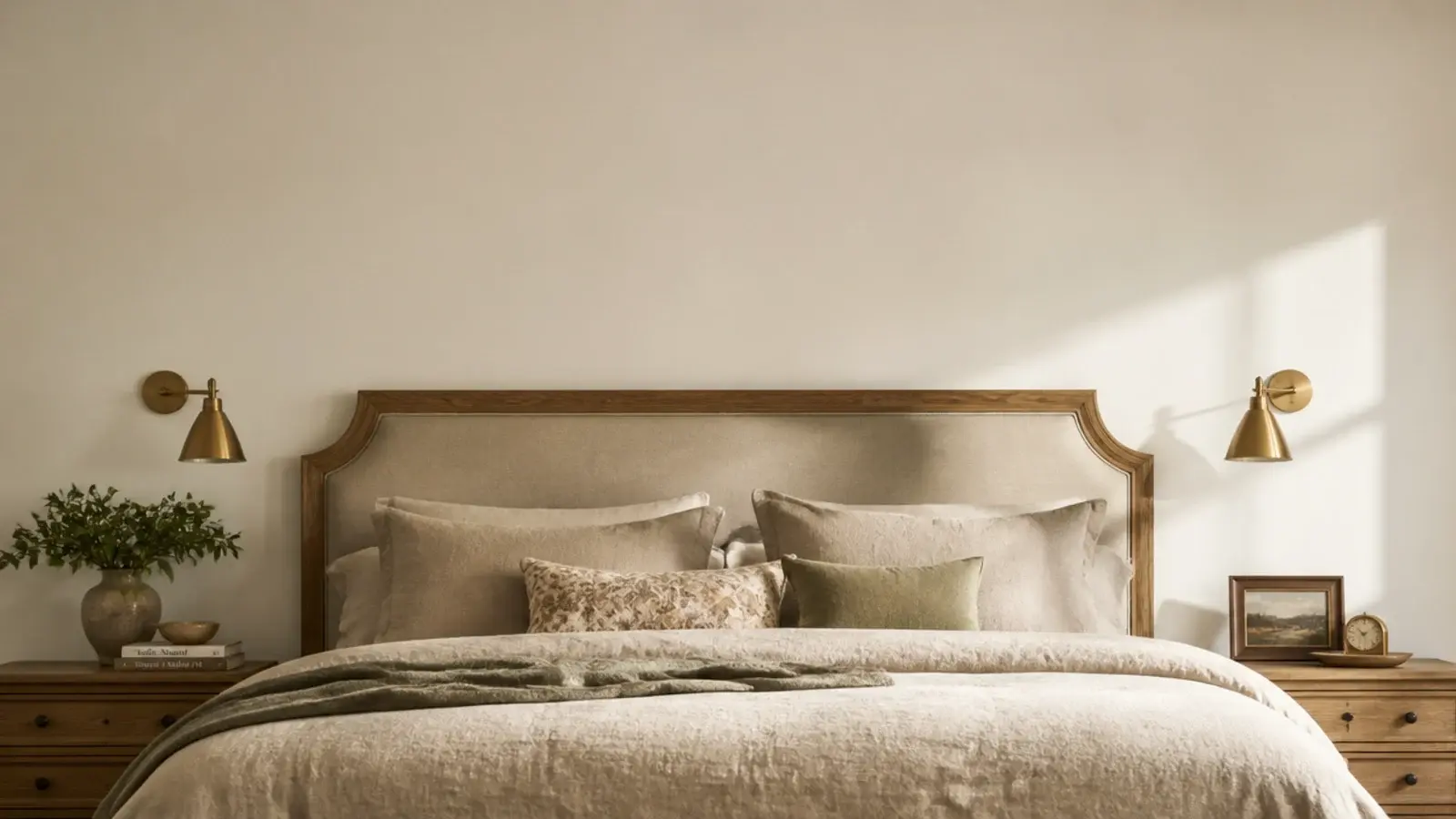 vertical master bedroom headboard wall in oak linen and warm brass