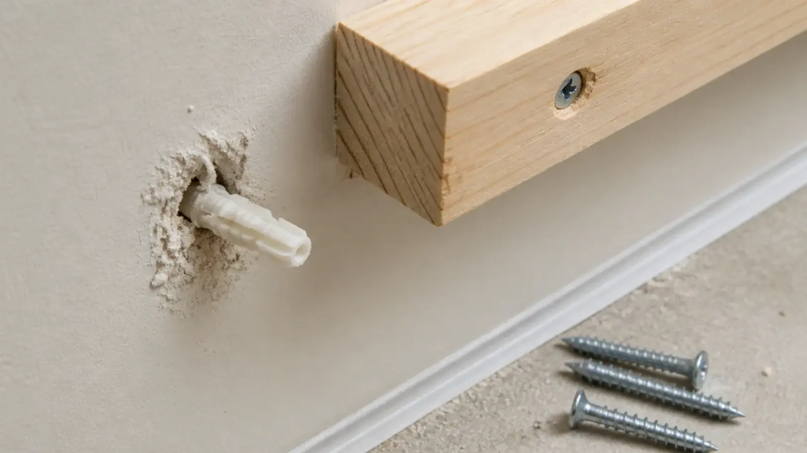 plastic wall anchor pulled loose from drywall behind a headboard cleat