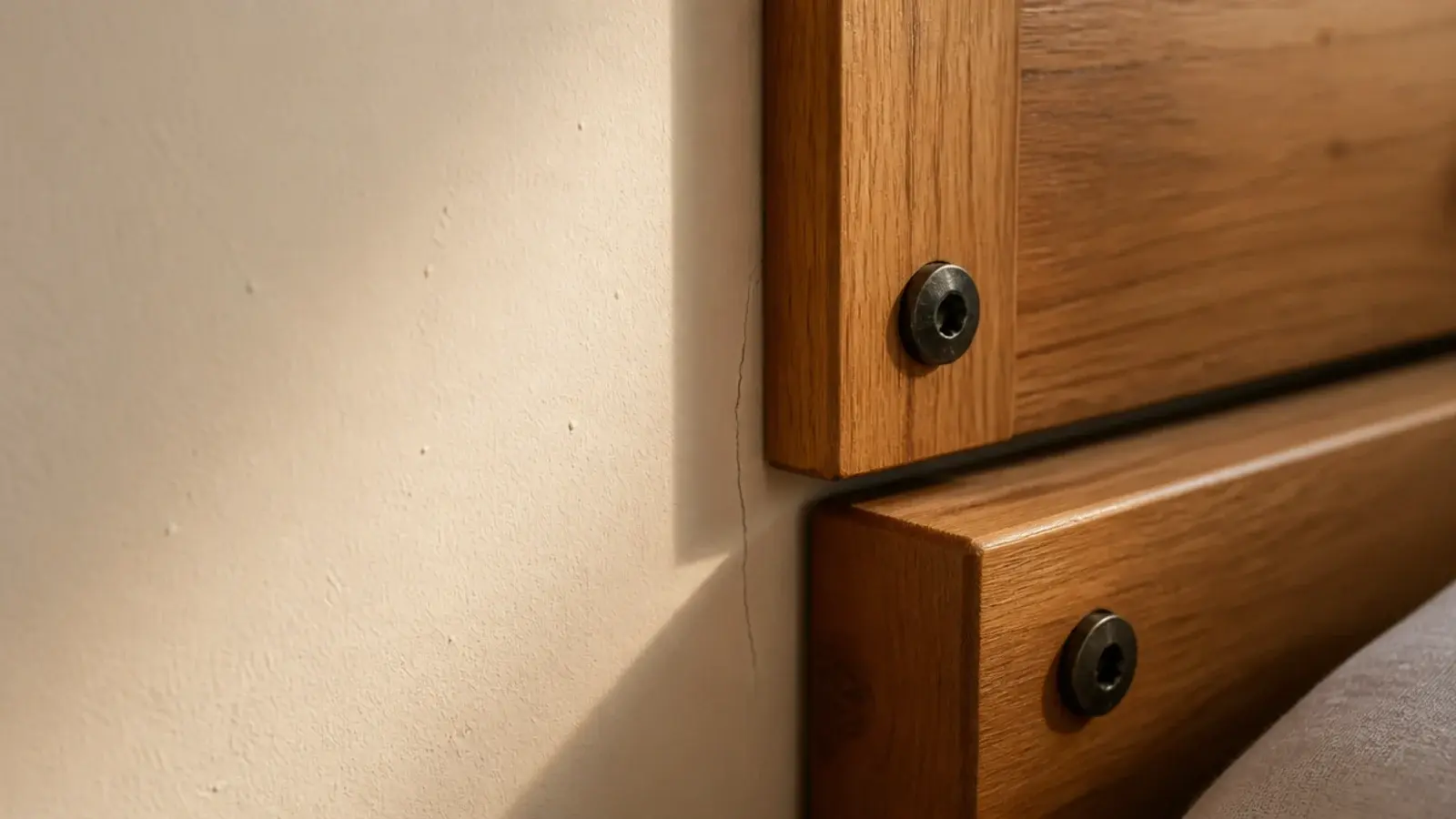 hairline crack in wall paint beside a headboard fixed to both