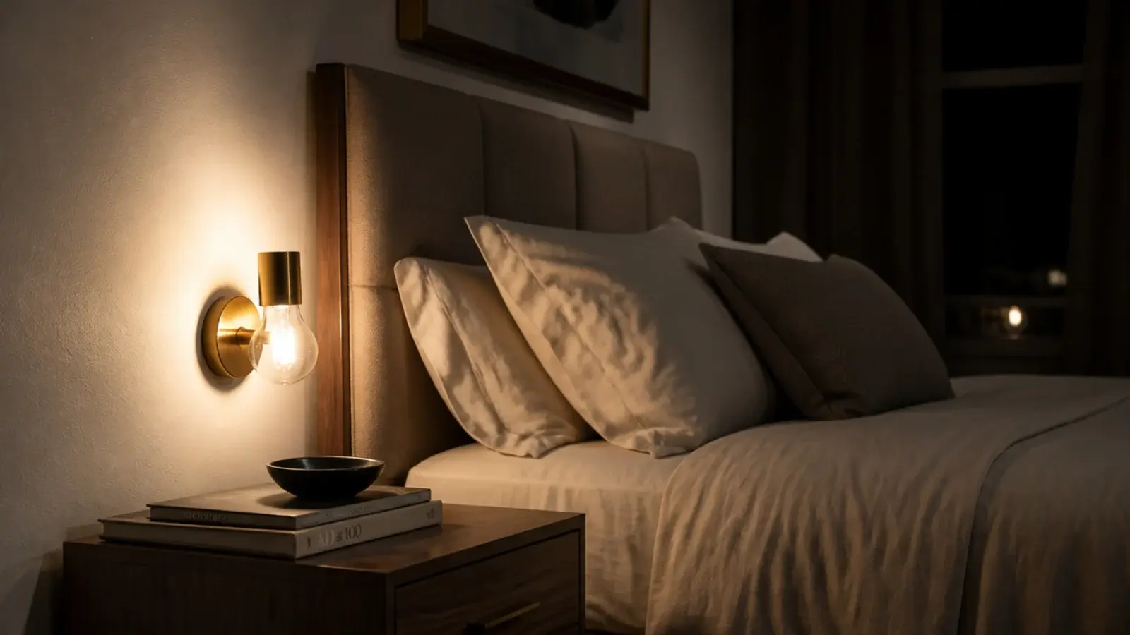 bedside sconce mounted too low glaring beside a headboard panel