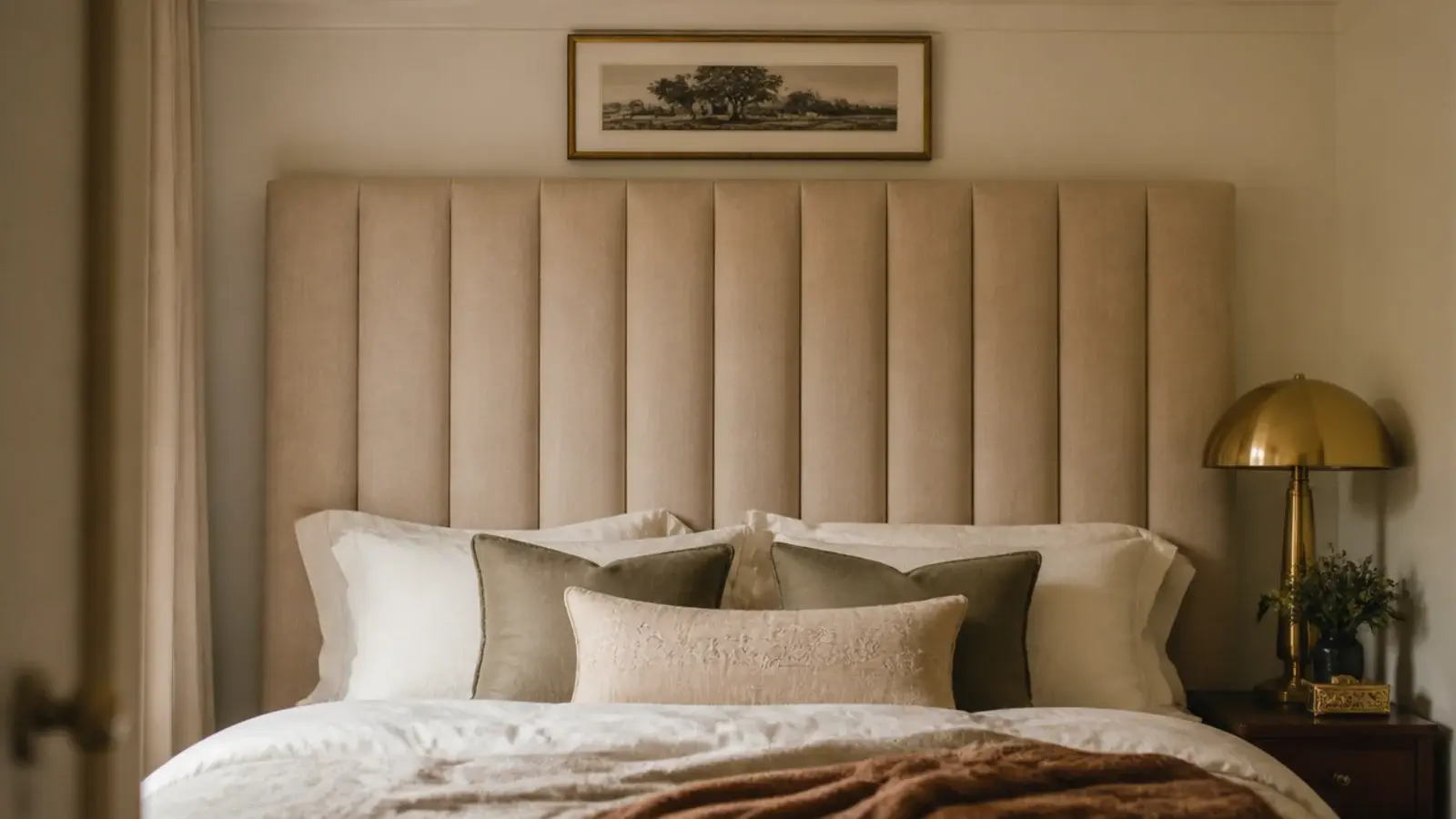 framed art crowded directly above a tall statement headboard panel