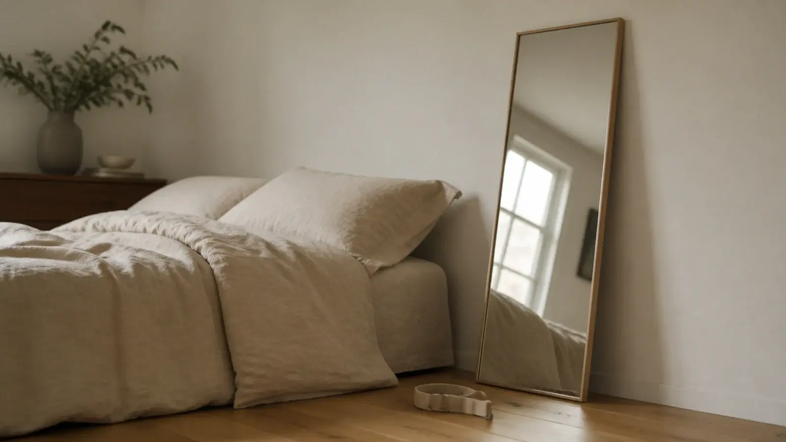 tall mirror leaning unsecured against the wall behind a low bed