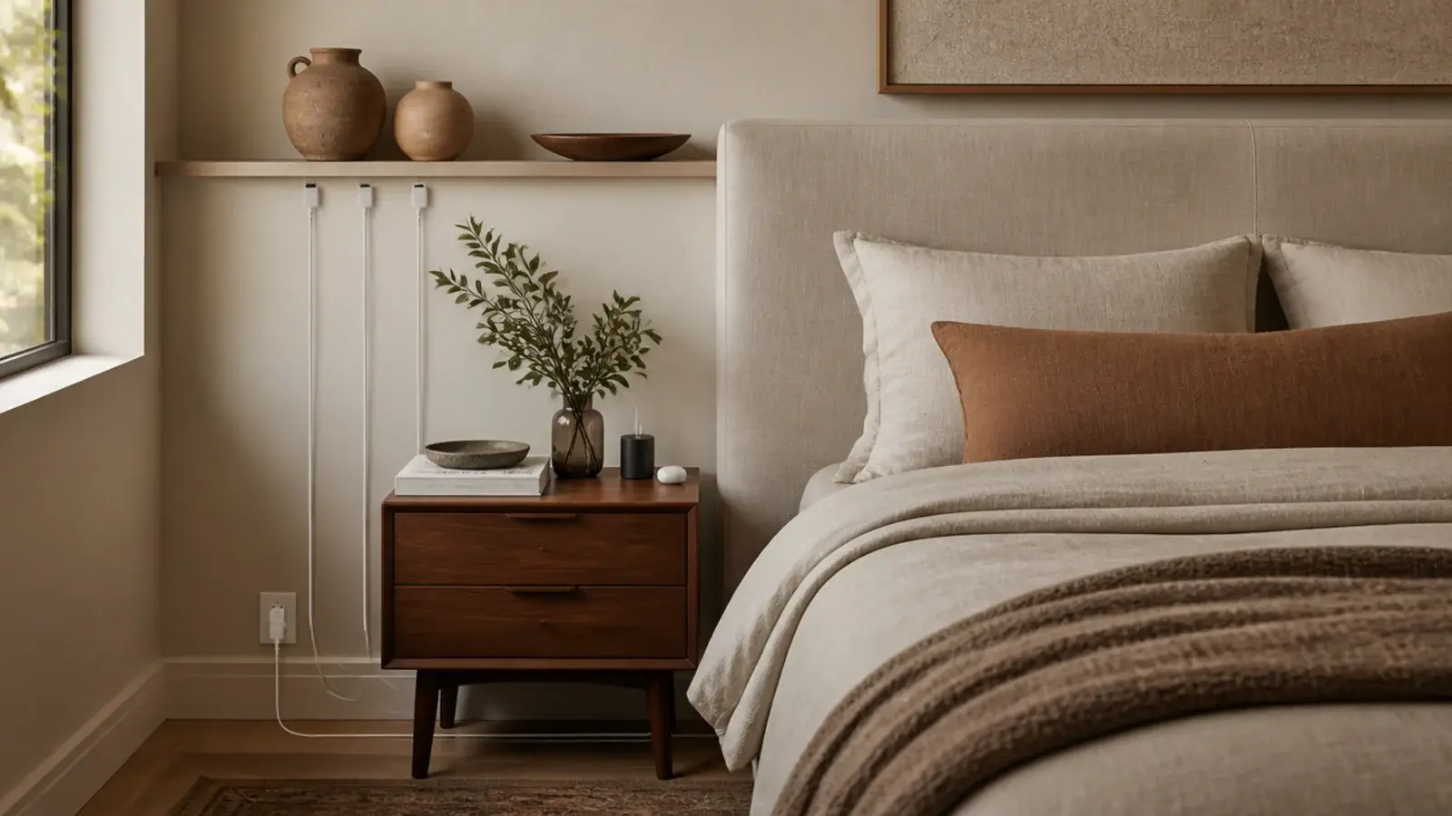 white charging cables draping down the wall behind a styled bed